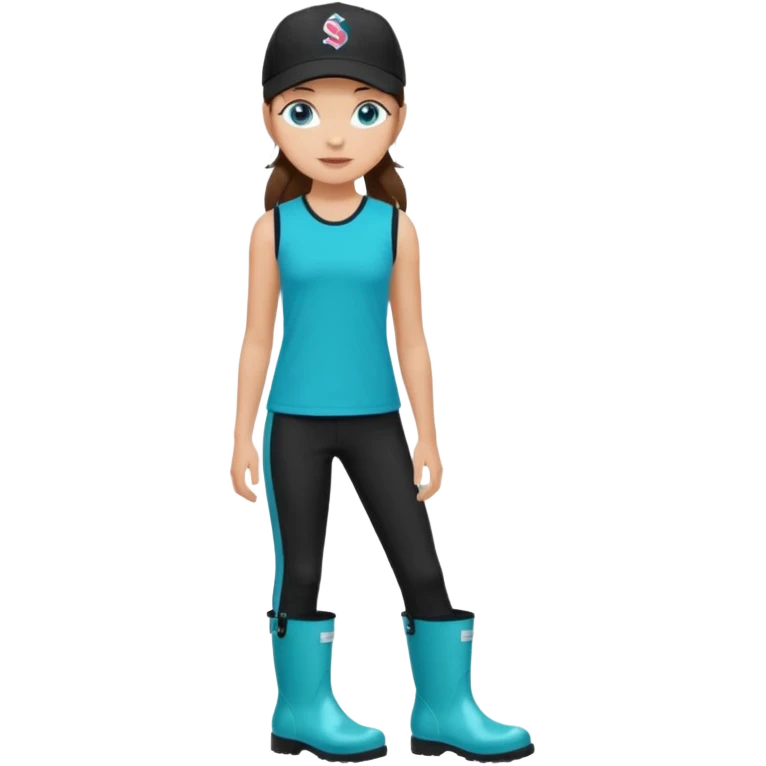 A landscaper in a beautiful turquoise longsleve and turquoise rubber boots, black pants, and a black sleeveless shirt. On her head is a black color Swissotel baseball cap. The girl is a brunette with blue eyes. emoji