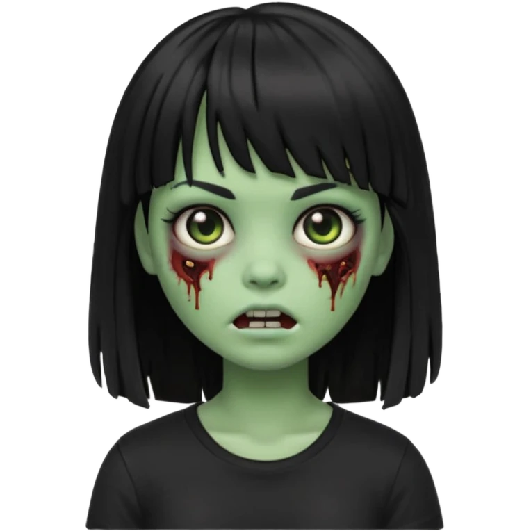 A zombie girl in Apple Memoji format with the longest, straight black hair with bangs, wearing a black shirt. emoji
