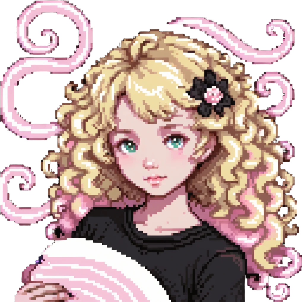 pale girl with curly medium-length blonde hair and baby pink swirls emoji