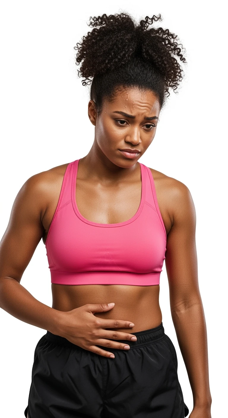 DONNA FITNESS CHE SI TOCCA LA PANCETTA CON ESPRESSIONE INSODDISFATTA IN VOLTO, iperrealistico 4k, ISOLATA SU SFONDO BIANCO emoji