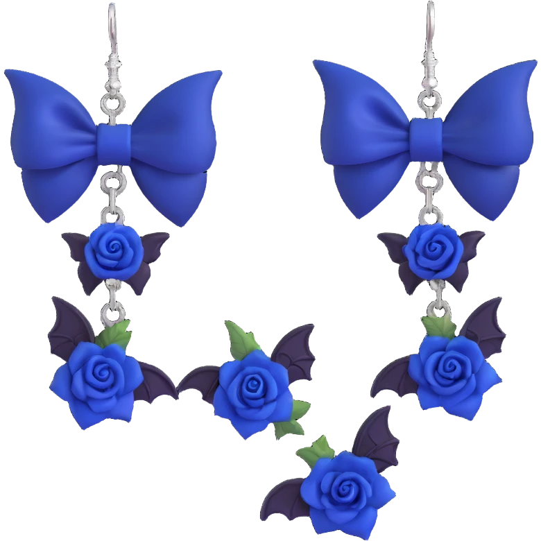 gothic earrings with midnight blue velvet bows, silver bat charms, deep blue rose accents, dramatic and gothic emoji