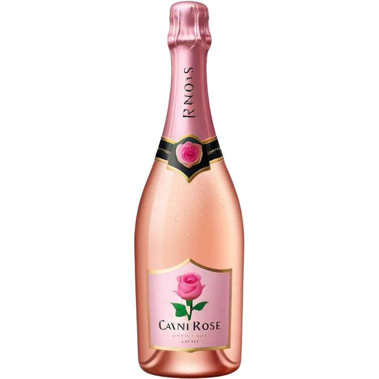 bottle of sparkling rosé champagne with a rose logo on the label, tilted up and to the left, no glass emoji