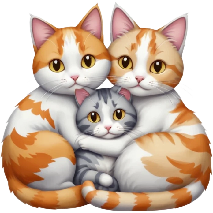 full body colourful light patched calico + white tabby cat cuddling a grey and white cat  emoji