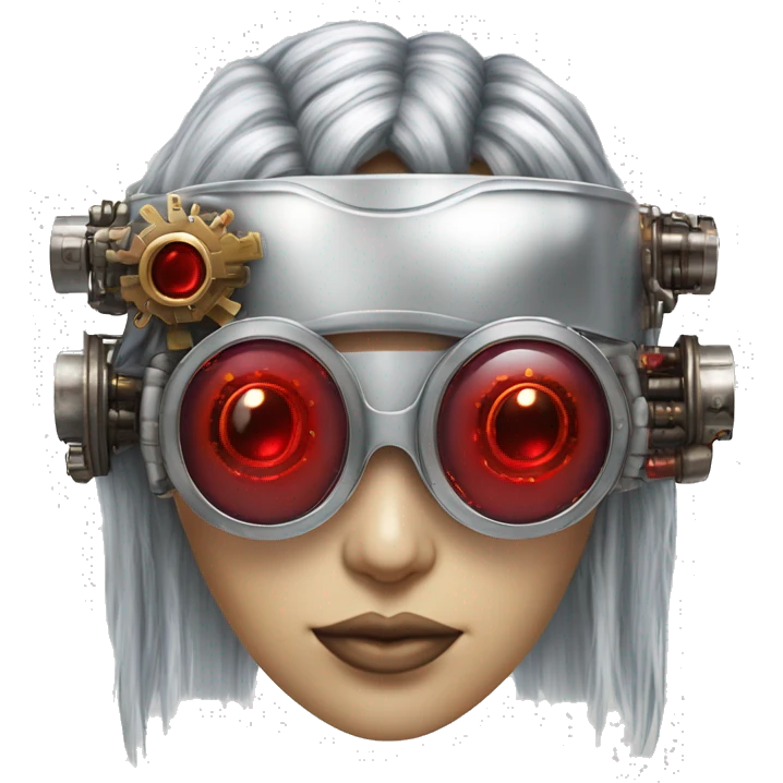 Silver long hair female cyborg head with red steampunk goggles and circuits emoji