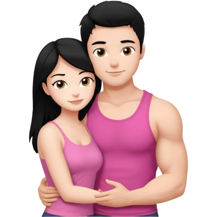 a pretty bratz fair girl. black hair, wearing a pink cami top hugging a handsome fair guy with black hair. lean but muscular who is wearing a black tshirt emoji