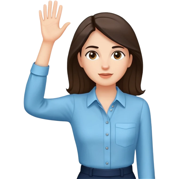 female smart light blue blouse, dark trousers, shoes. one hand raised above her head emoji