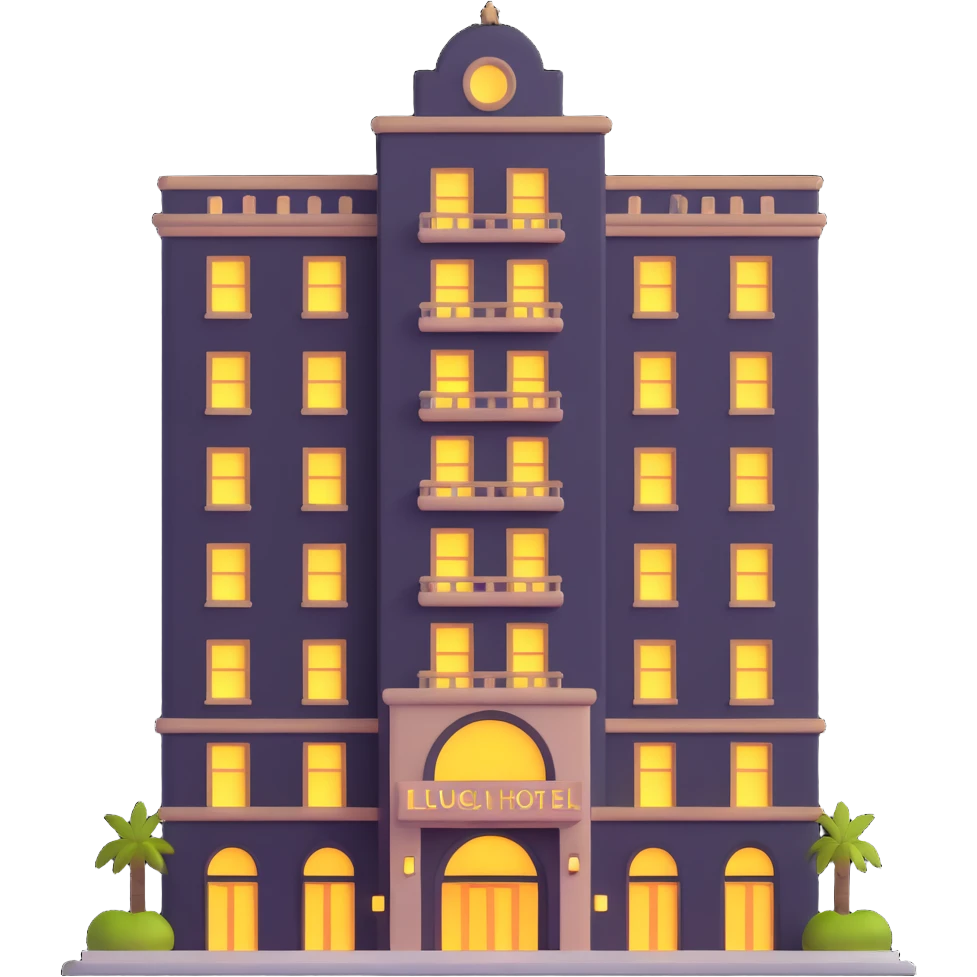 luxurious hotel building with lit entrance and many floors emoji