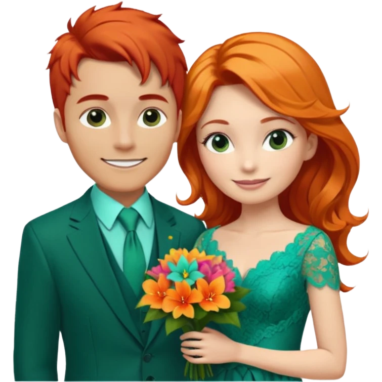  The man, with red hair, wears a dark green suit with a green tie and an orange boutonnière. The woman, with blonde hair, wears a turquoise ballgown with lace details and holds a colorful tropical bouquet. They smile at each other.  emoji