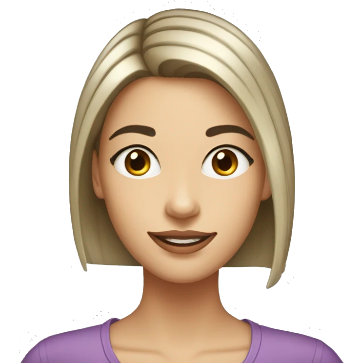 Beautiful girl with short straight darklight hair, thin lips, thin eyebrows, smiling. emoji