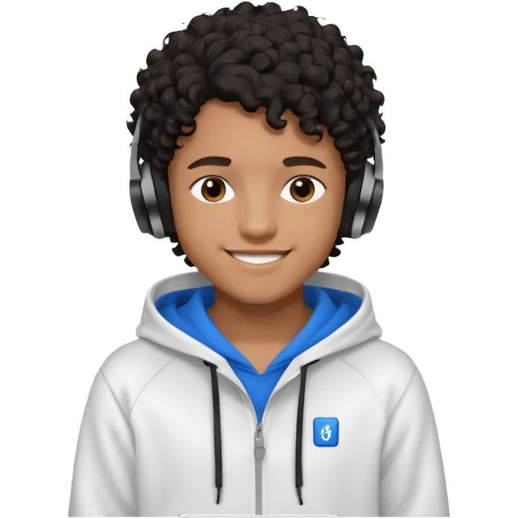 Faça um garoto adolescente de cabelo cacheado preto médio sorrindo, com fones de ouvido Bluetooth e um moletom branco emoji