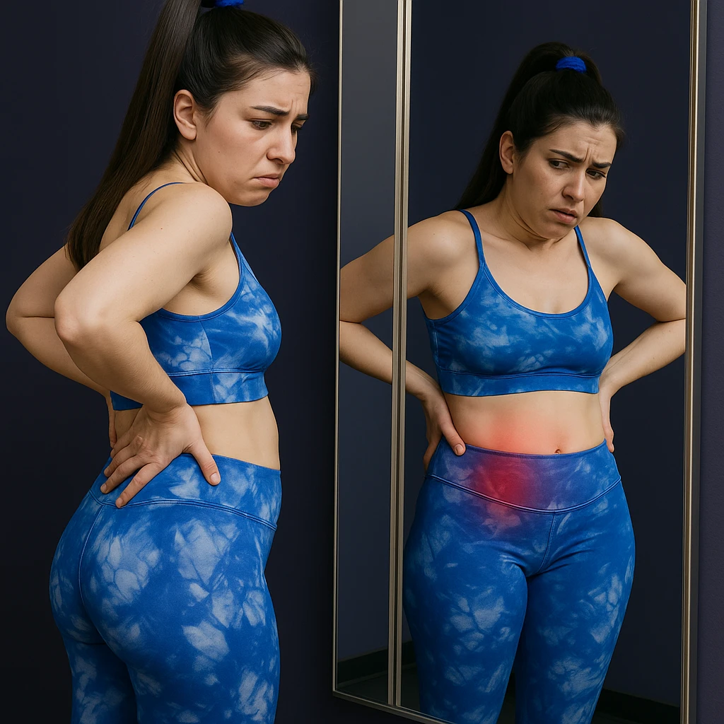 A slender woman in 4K, in front of a mirror, observing her crooked posture, one hand on the lower back, worried face, reddened lumbar area reflected in the mirror, inspired by the reference photo. emoji
