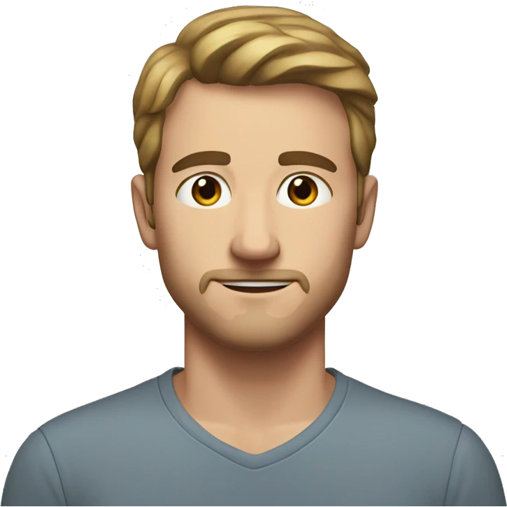 A young adult white man with a spot on his forehead. Brown eyes, medium-small hair, small mustache and beard emoji