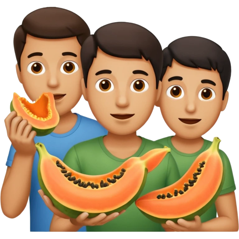 3 hombres comiendo papaya partida en 2 partes emoji