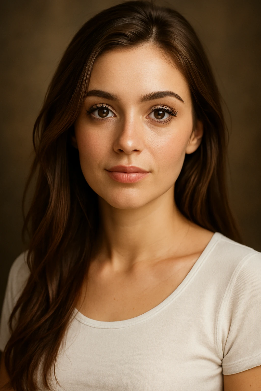 charming girl, white top, long brown hair, prominent eyelashes, pretty, portrait, detailed, beautiful lighting emoji