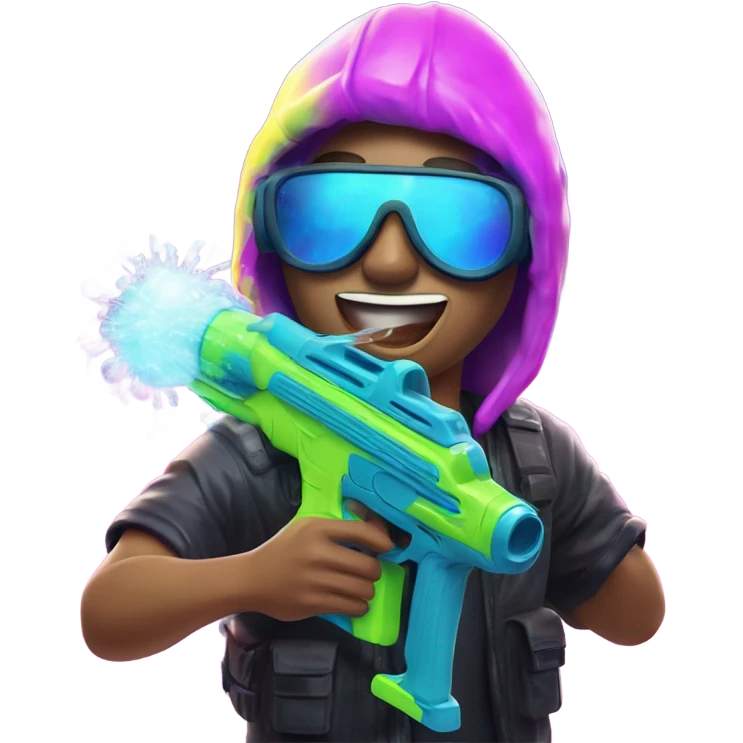 Caucasian boy in glowing rave outfit with mask, sunglasses, and headgear, shooting bubbles out of a water gun emoji