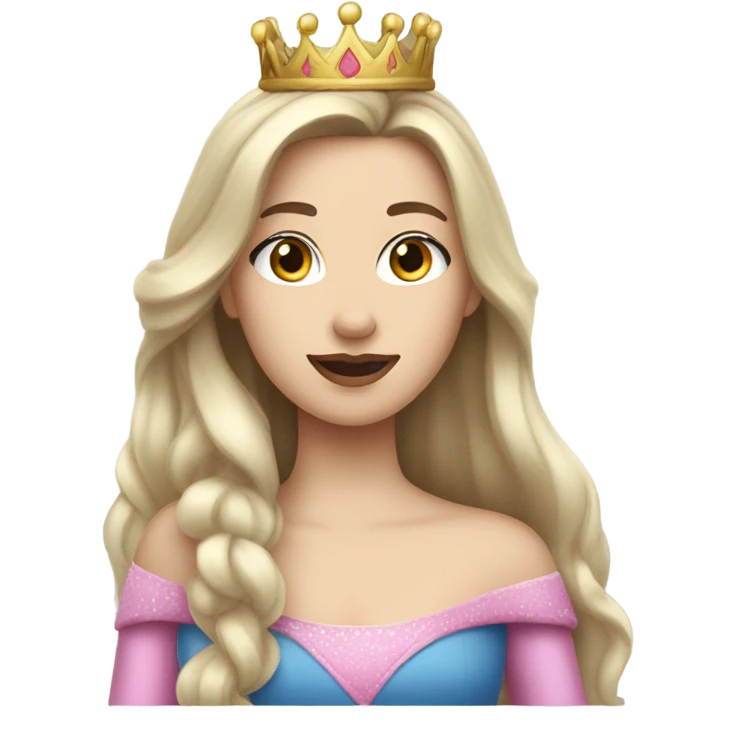 Princess- Fair skin- Long dark hair- crown- blue dress- pink lips emoji