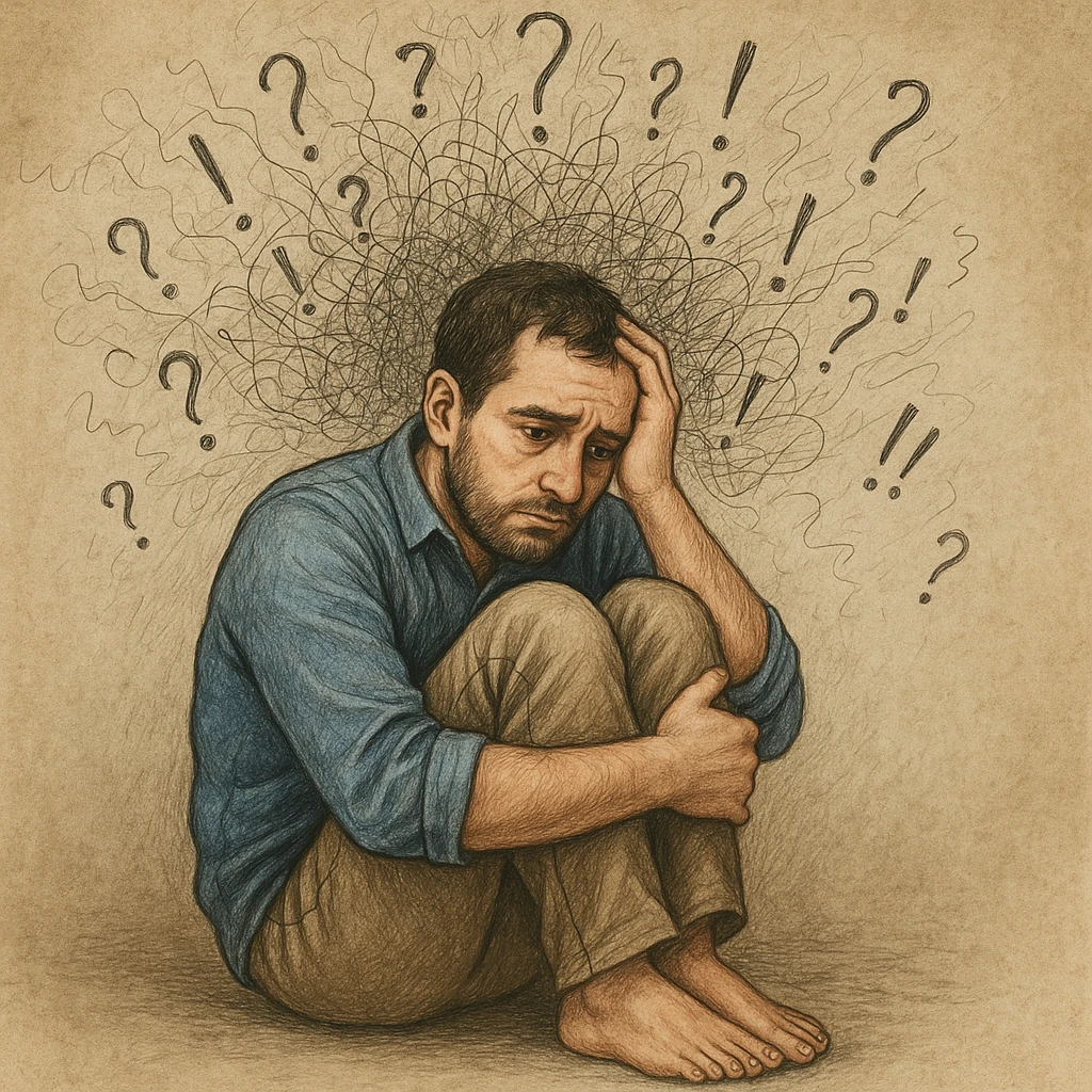 Realistic or illustrative style image of a 30-year-old man suffering from anxiety, inspired by the reference image. The man is sitting with knees to chest and a worried expression. The background features symbols of anxiety and stress, conveying an atmosphere of mental tension. emoji