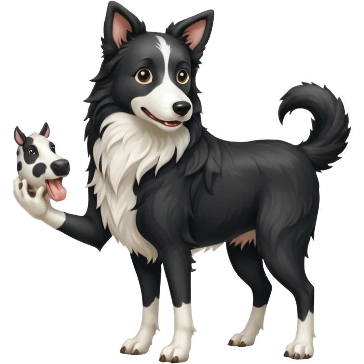 A black and white border collie werewolf, standing on her hind legs, holding a cow's hoof. emoji