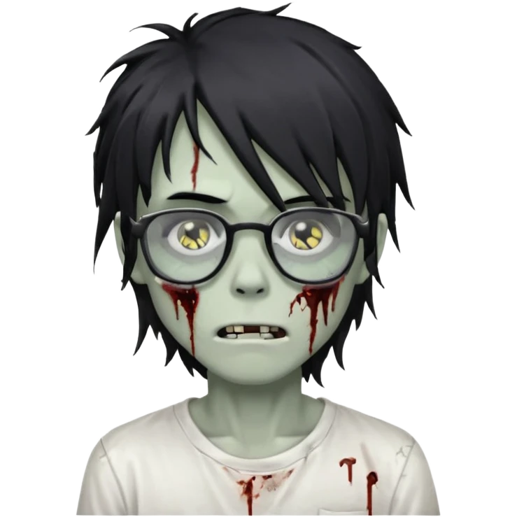 zombie boy with long messy black emo hair covering one eye, square glasses, white shirt emoji