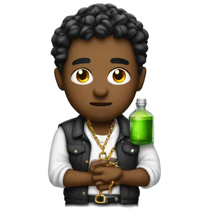 a heartbroken a gangster with a chain holding a potion bottle drinking emoji