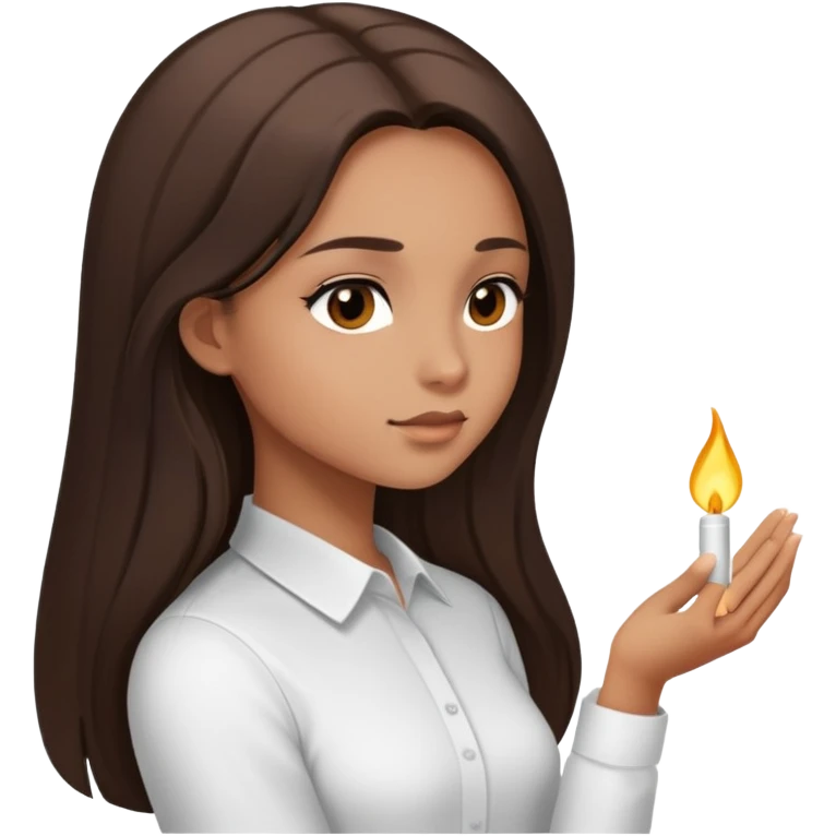Feminine girl with light brown skin, dark straight long hair and dark eyes, wearing a white shirt, profile picture style emoji