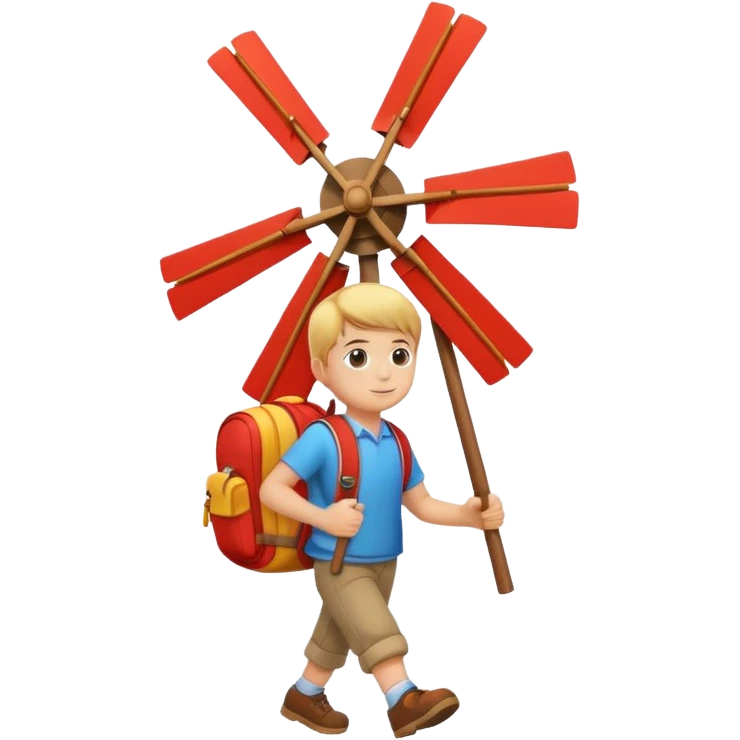 Boy carrying toy windmill backpack emoji