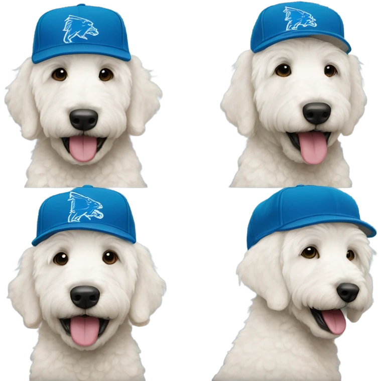 White golden doodle with a Detroit lions hat emoji