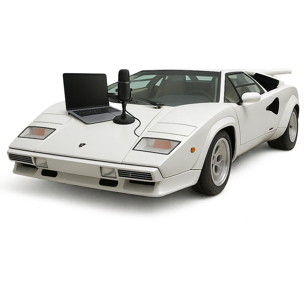 Lamborghini Countach with a laptop and recording microphone on the hood emoji