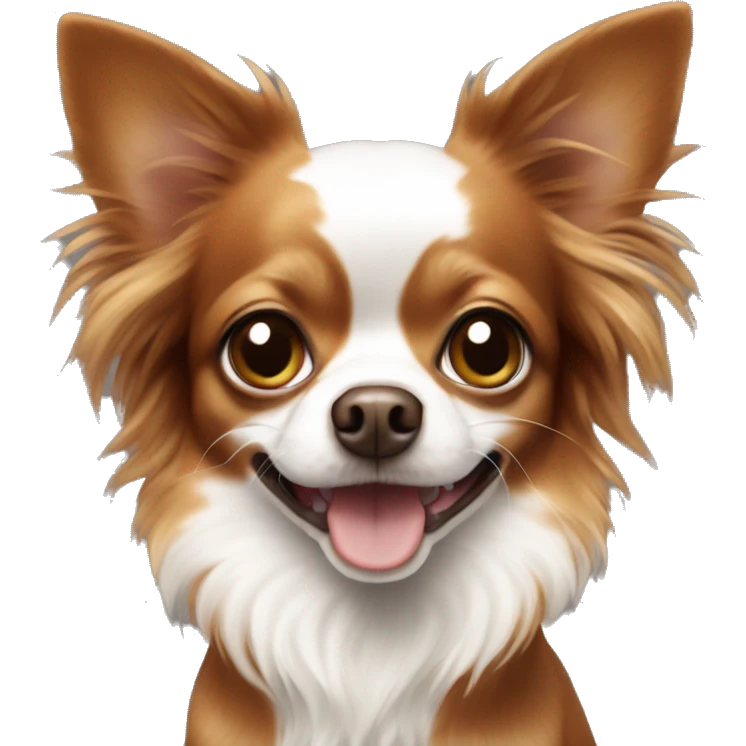 Long haired reddish brown chihuahua with white spots playing emoji