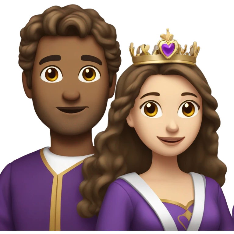 Caucasian long  brunette woman wearing formal royal purple robes and a crown whose face shows hearts to the man she adores  emoji