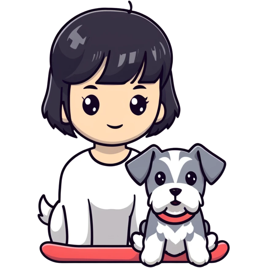Girl with short black hair and bangs holding a white schnauzer dog emoji