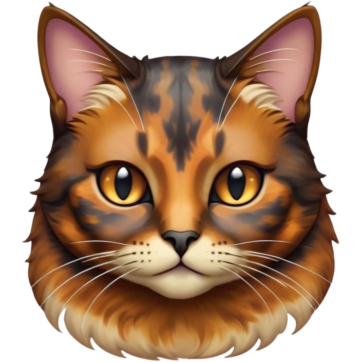 Cinematic Noble Tortoiseshell Cat Portrait Emoji, Poised and dignified, showcasing a luxurious, mottled fur of rich browns and blacks, with elegantly arched whiskers and a determined yet gentle expression, simplified yet meticulously detailed, glowing with a subtle, regal radiance, high shine, embodying quiet nobility and refined charm, soft glowing outline, capturing the essence of a sophisticated tortoiseshell cat exuding quiet authority! emoji