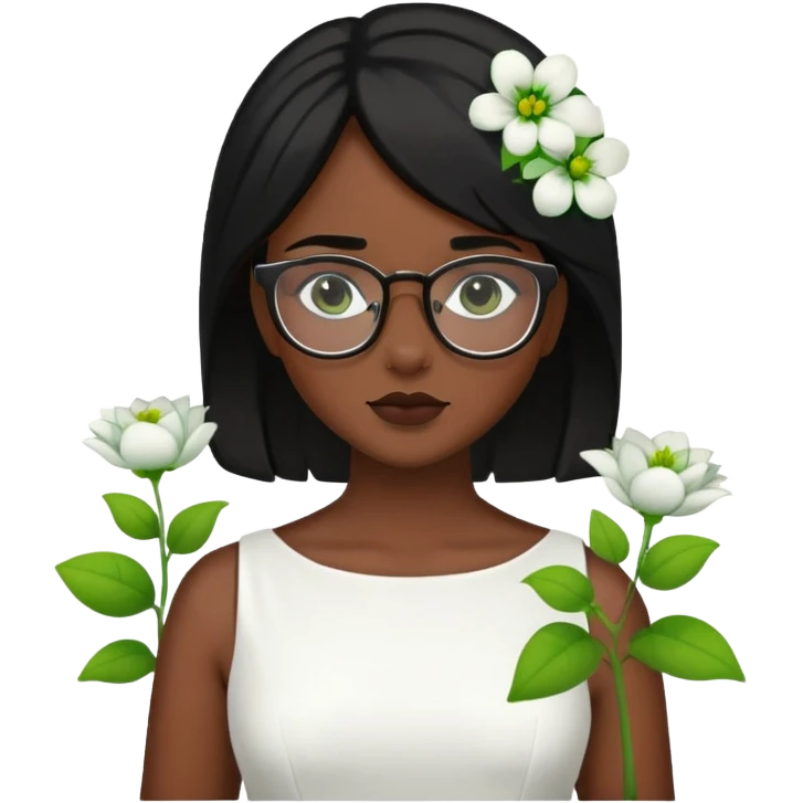 Genera a una chica morena de piel con pelo negro y lentes con vestido blanco y con flores verdes.  emoji