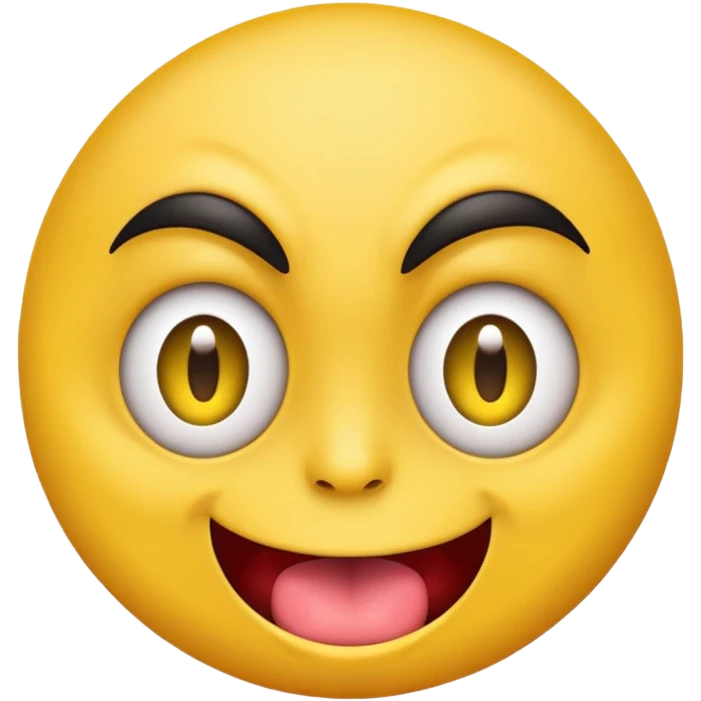 A yellow round face emoji smirking with its tounge out but the eyes are evil and kind of crazy and the eyebrows are turned  emoji