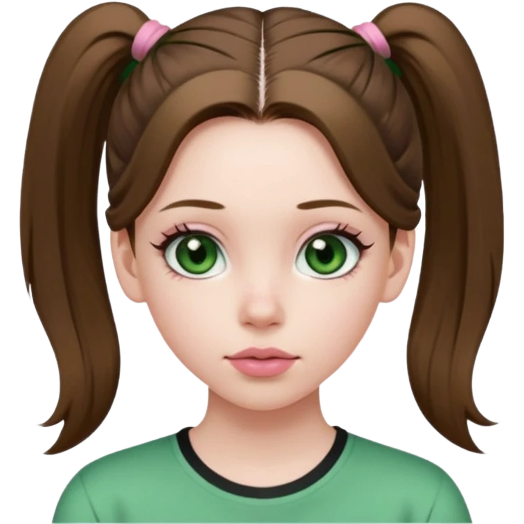 create an emoji of a young woman. She has a nice look, with long brown hair in a single ponytail with a hair tie, dark green eyes, pale skin, natural soft pink lips. she wears a green y2k top emoji