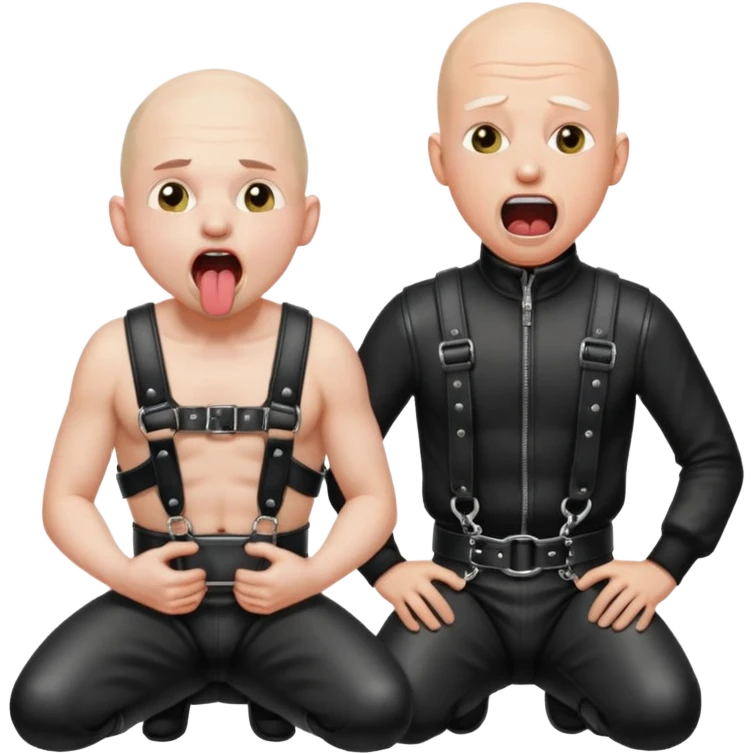 a bald man on his knees in a black leather harness with his mouth open and tongue out being pissed on by another person emoji
