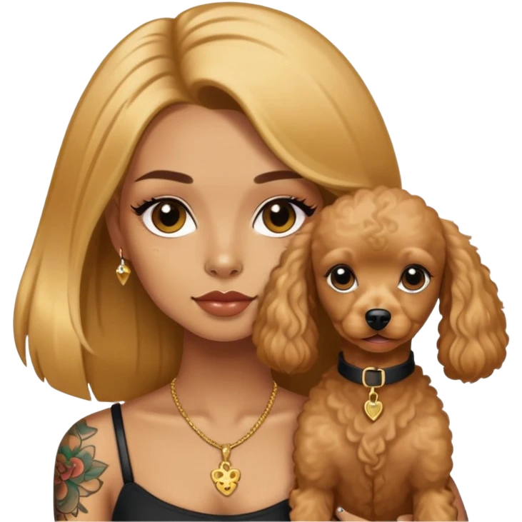 a  girl with glod  straight long hair and tattoos and (two) miniature poodles emoji