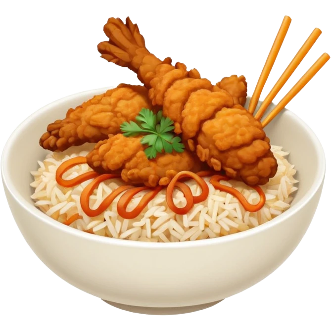 iOS-style minimal food emoji of a rice bowl with crispy fried chicken tenders, fried onions, sweet-and-sour sauce, and parsley garnish, smooth shapes, vibrant natural colors, clean vector-like rendering, transparent background. emoji