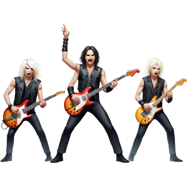 Icon for Heavy Metal Music: 4 men band on stage with electric guitars, drums and intense lighting. 4 Musicians headbanging, surrounded by energy and stage effects, capturing the power and intensity of a metal concert. Transparent background. emoji