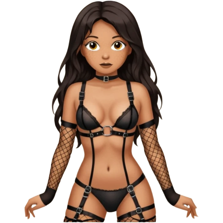 Tan skin with freckles, long dark hair, hazel eyes Dominatrix, wearing BDSM style harness lingerie and black fishnet stockings  emoji