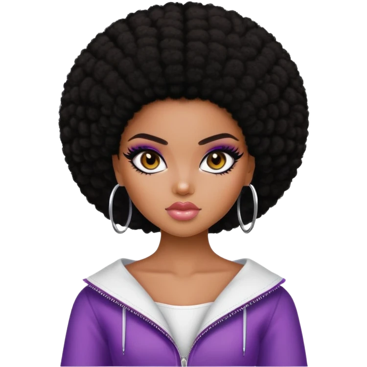 pretty bratz girl, dark black afro, dark brown eyes, y2k fashion, black eyeliner, deep brown skin emoji