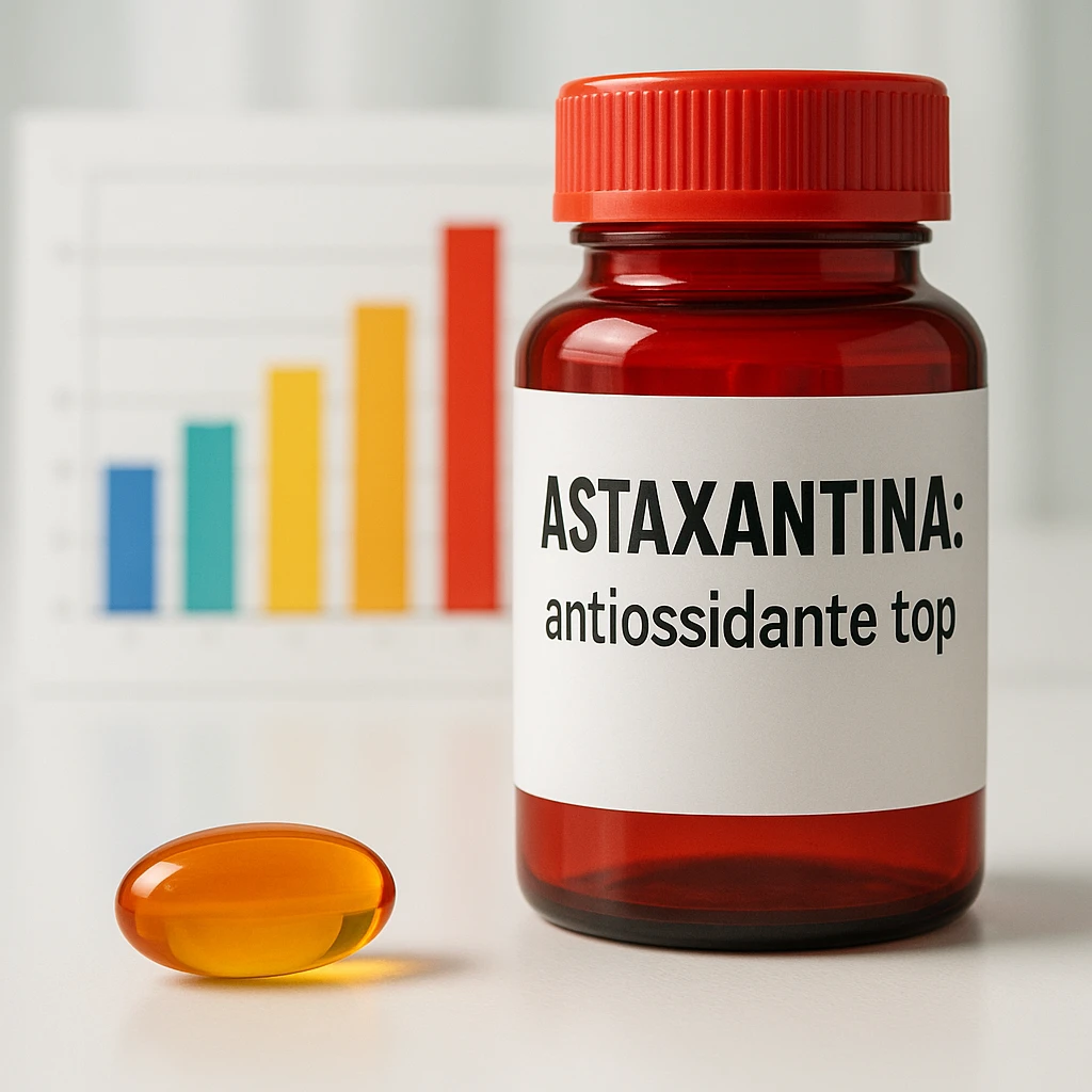 hyper realistic Astaxantina with colorful column chart, orange and golden capsule, red bottle, text 'Astaxantina: antiossidante top', clinical atmosphere, light background emoji