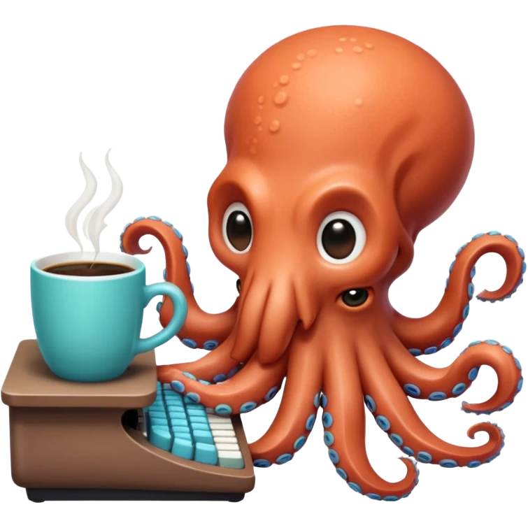 A cute chibi octopus sitting at a tiny desk, typing on a miniature keyboard with all eight arms while sipping coffee from a giant mug. Vibrant pastel colors, rounded edges, extremely expressive, sticker-style, transparent background. emoji