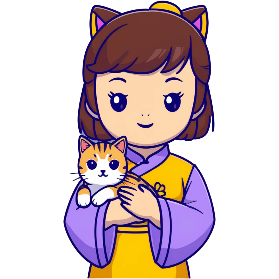 girl with brown hair and bangs wearing yellow qipao with gray tabby cat emoji