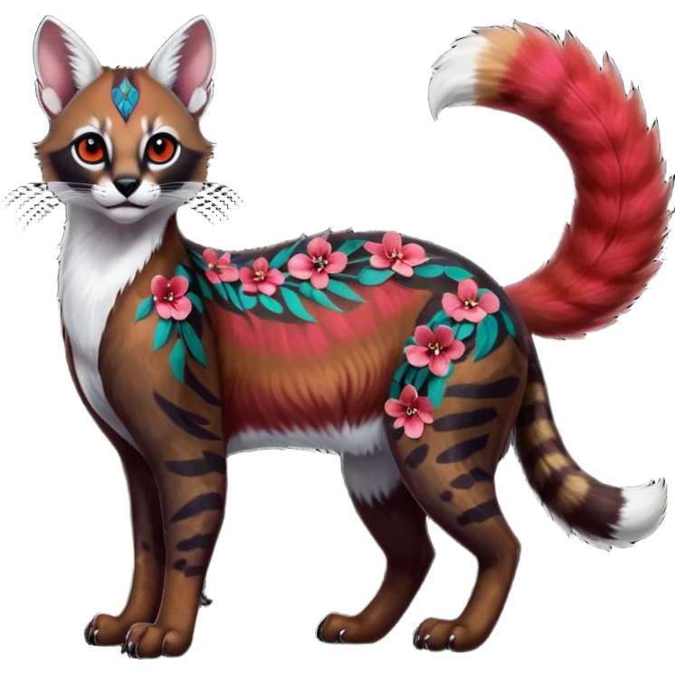 Colorful dark tropical dark-red, black, white iridescent glorious divine exotic cute cool beautiful shiny beautiful floral fantasy-caracal-civet-genet-sergal-vernid-Cacomistle-oncilla-animal-Fakémon-hybrid-fursona with pattern markings (full body) emoji