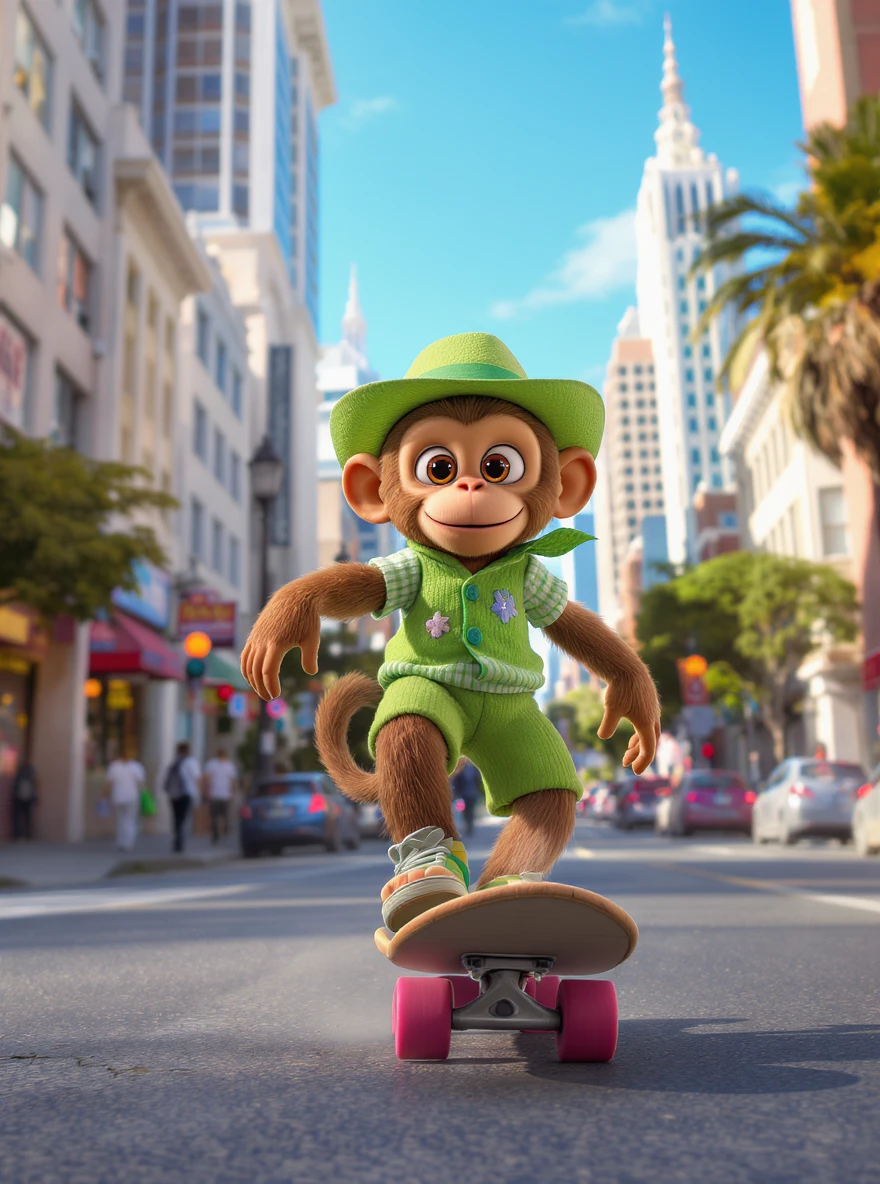 Disney style Cinematic still scane, Low angle shot, monkey dress in green outfit, monkey ride on skateboard, san francisno downtown with city lanscape, blue clean sky, captured by ARRI Alexa XT, soft cinematic lightning, back light, inspired by ToyStory 4 emoji