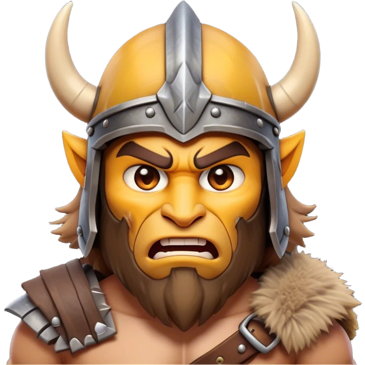 Clash of Clans aesthetic: Cinematic Fierce Barbarian Portrait Emoji, Poised and bold with a rugged yet cartoonish build in tattered furs and a horned helmet, his face rendered in a natural skin tone (not yellow), expressive bright eyes and a confident smirk, Simplified yet dynamic features, highly detailed, glowing with a vivid, adventurous aura, high shine, heroic and spirited, stylized with an air of medieval warrior charm, focused and energetic, soft glowing outline, capturing the essence of a fearless barbarian adventurer ready to lead his clan with spirited valor! emoji