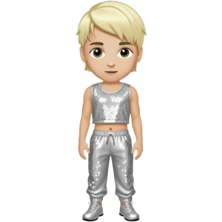 Aaron Carter with blonde hair, silver sequin crop top, silver sequin baggy pants emoji