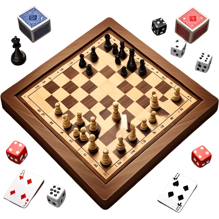A photorealistic icon featuring a chessboard with pieces in play, dice, playing cards, and a few game tokens on a wooden table. Bright, detailed design with realistic textures and lighting, capturing the fun and strategy of tabletop games. Transparent background, symbolizing board games. emoji