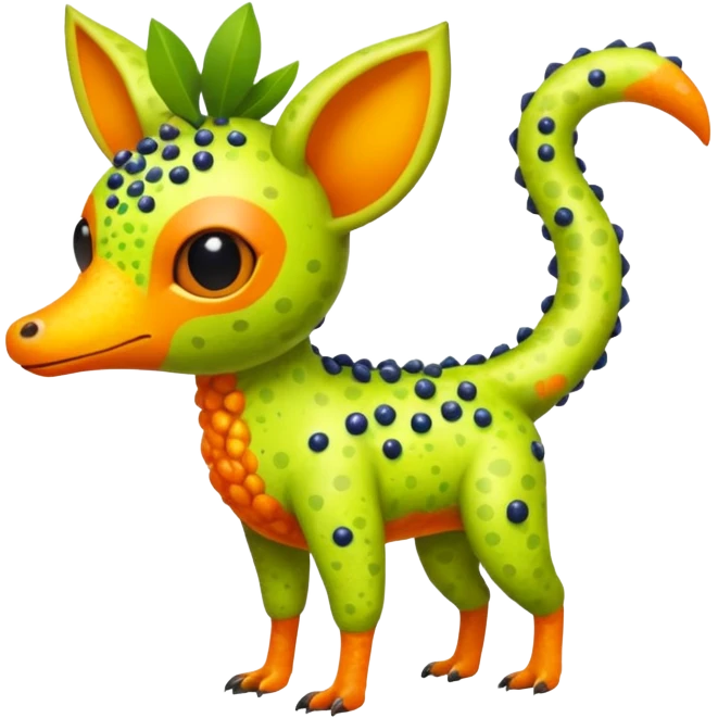 Bright Tropical Fruit-Colored Lime-Orange-Berry Speckled Vernid-Trico-creature inspired by LiLaiRa (full body) emoji